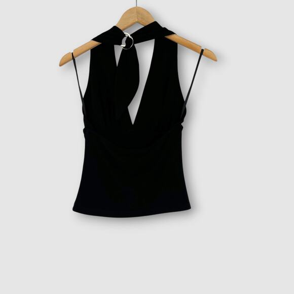 Vintage Y2k Cache Black Halter Top Deep V-Neck Silver Ring Back Tie Size Small - Picture 3 of 5